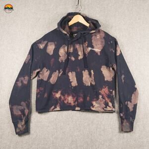 Champion Pullover Hoodie Black Cropped Bleach Tie Dye Streetwear Festi Women's M